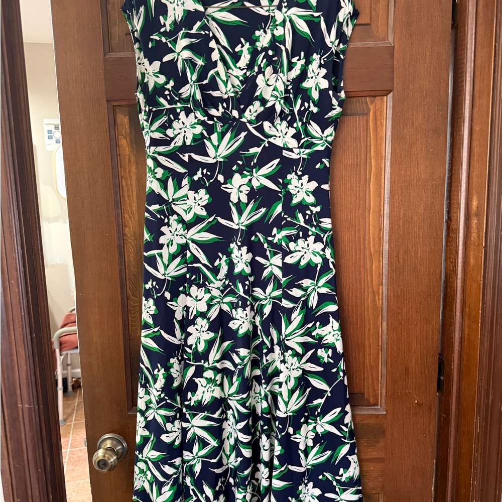 Chaps Navy Floral Maxi Dress with Green and White Print
